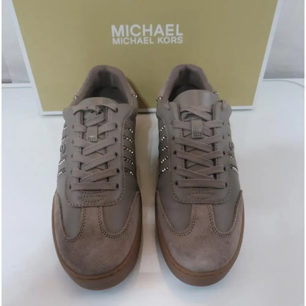 Michael Kors Scotty Lace Up Sneakers Rhinestone MK Leather Birch Brown